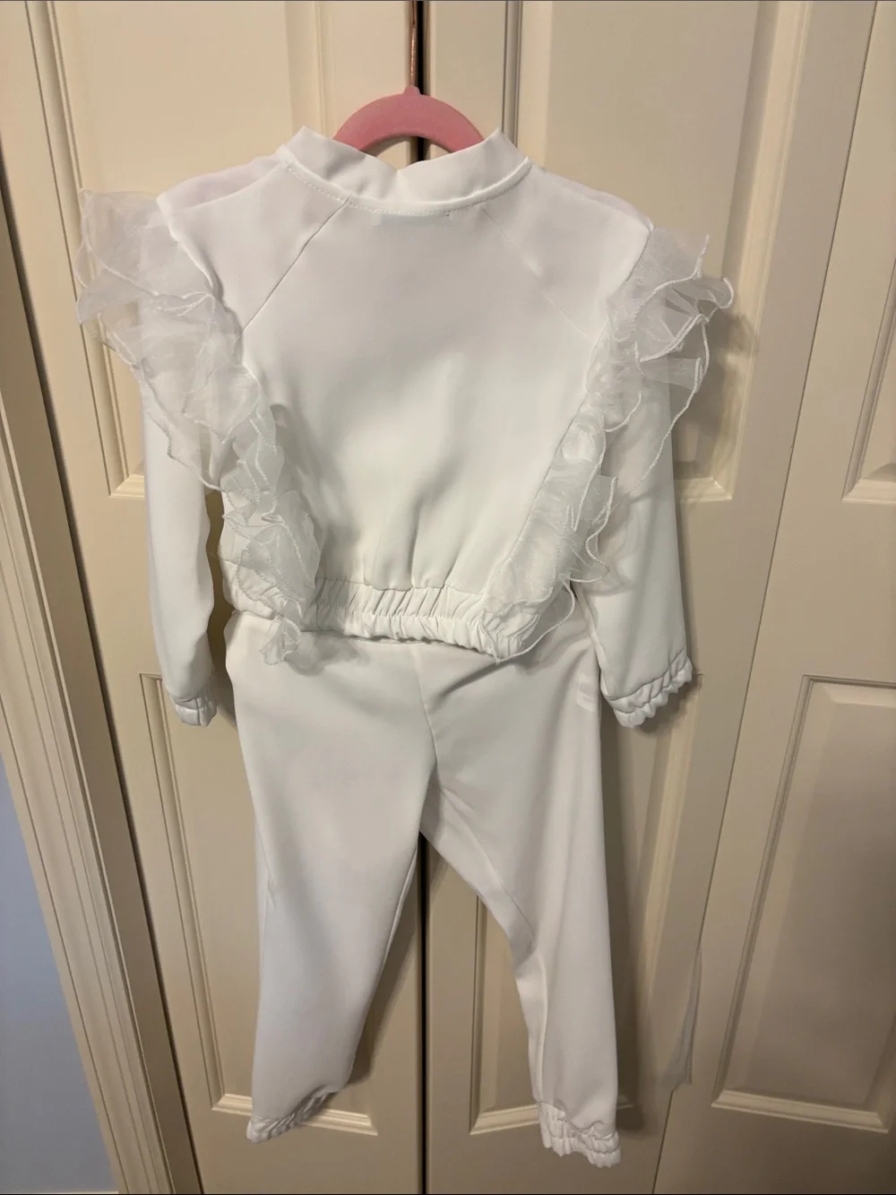 Girls White Ruffle-Trim Track Set - Zip Jacket & Joggers